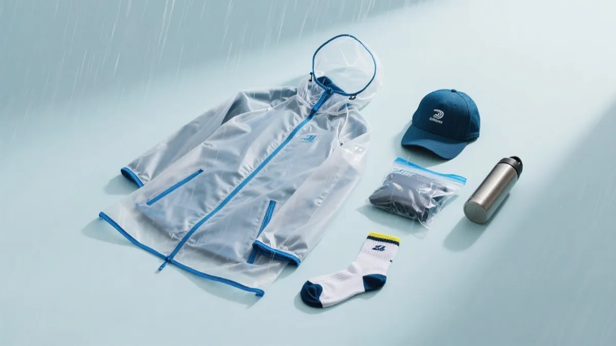 雨天观赛装备平铺：防水外套、雨披、快干袜、密封袋与保温杯，简洁干净的静物风