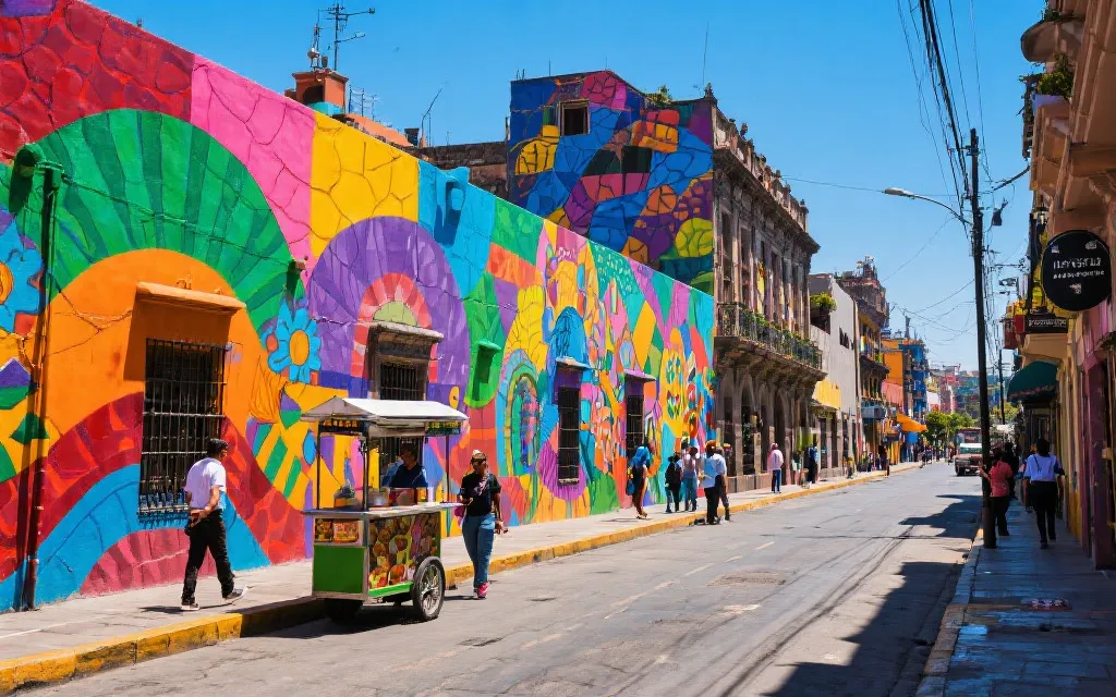 墨西哥城白天的壁画街区与彩色建筑，行人穿梭，街头小吃摊点缀